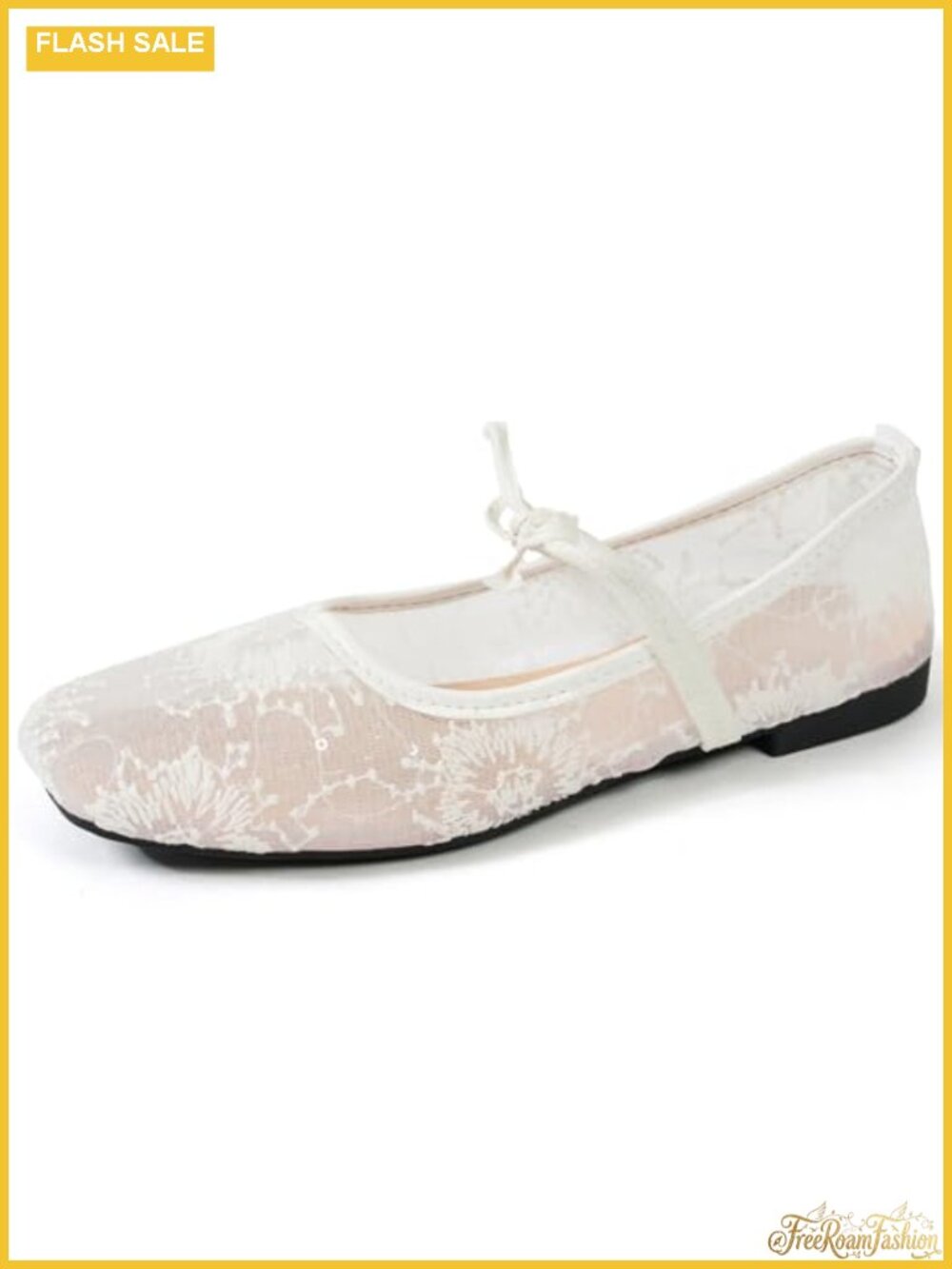Women's Lace Mesh Ballet Flats Bow Slip On Square Toe Breathable Casual Dress
